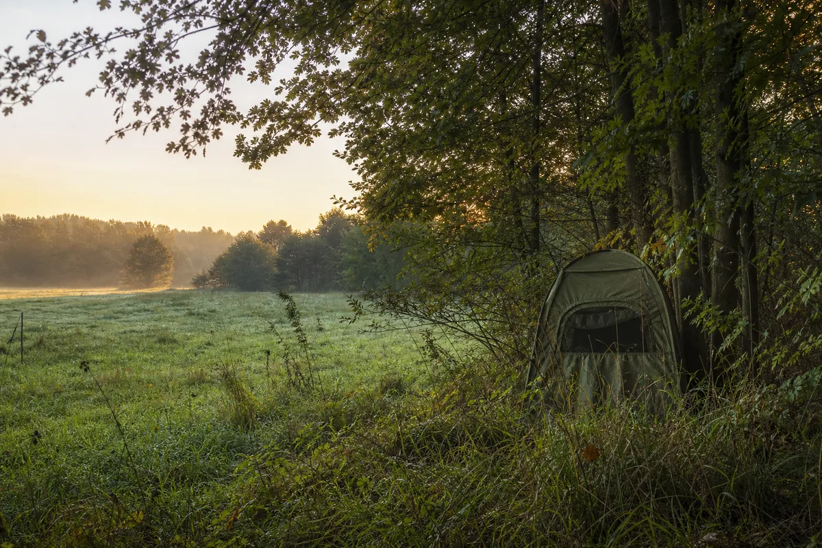 Poste d’affût camouflé installé en lisière de forêt au petit matin
