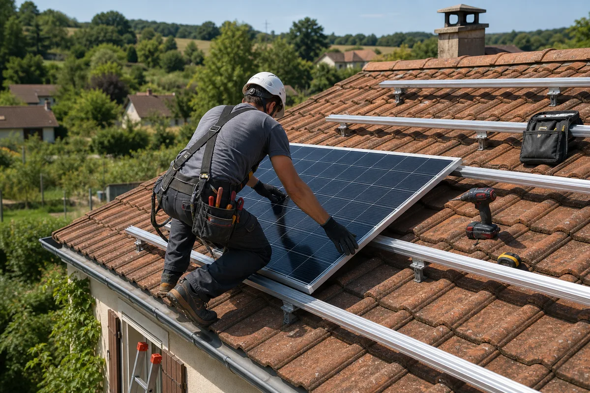 Installateur posant un panneau solaire sur le toit d’une maison individuelle