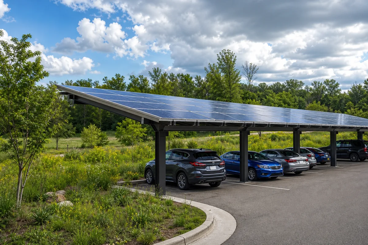 Ombrières solaires au-dessus d’un parking préservant les espaces naturels alentour