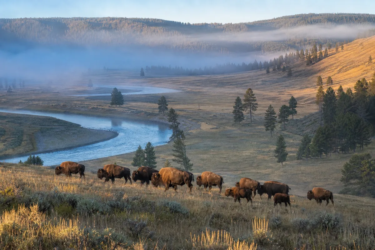 Harde de bisons traversant une prairie de Lamar Valley dans la brume du petit matin