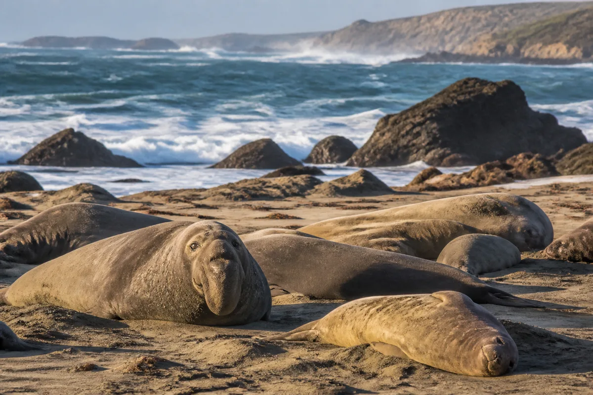 Éléphants de mer allongés sur une plage de sable de la côte californienne en lumière rasante