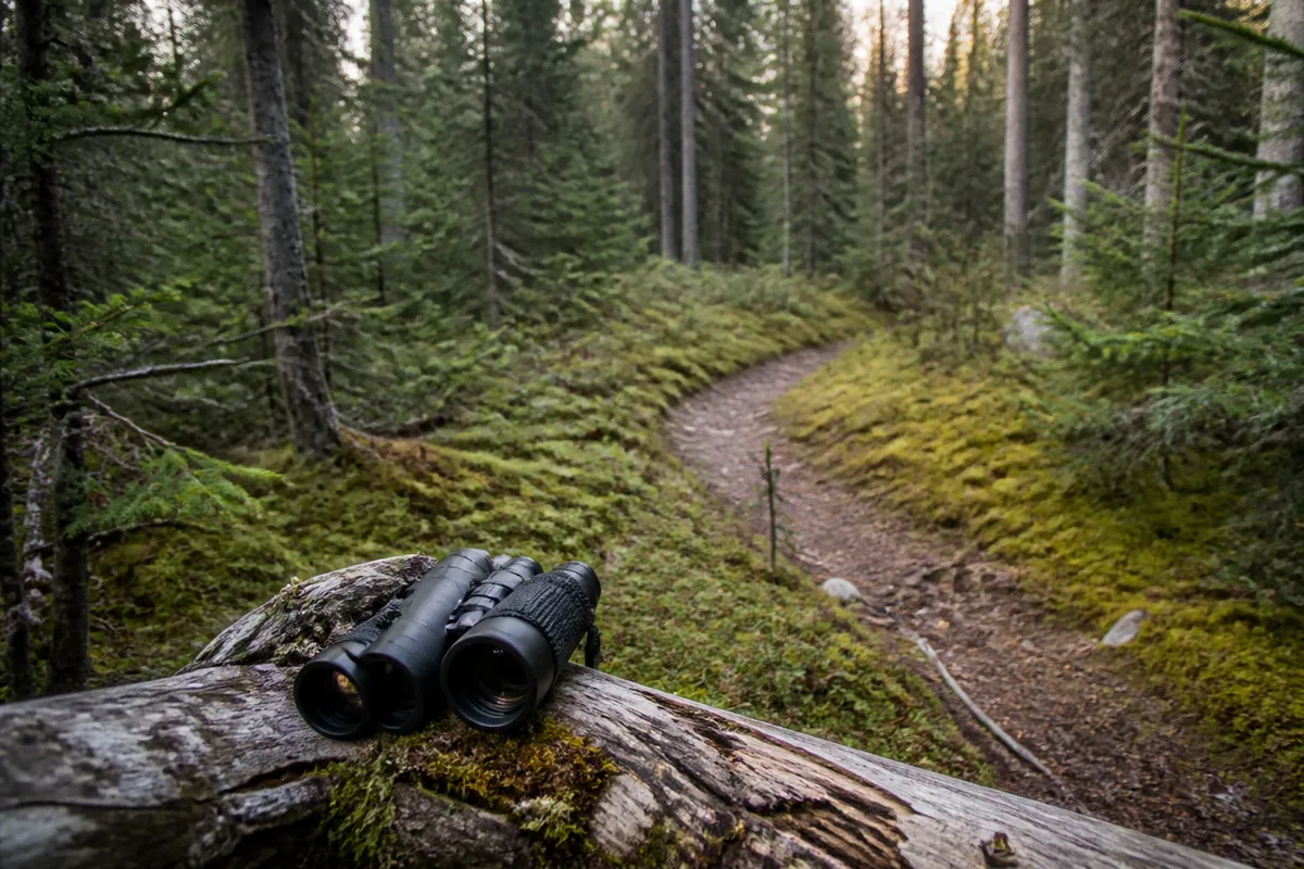 Sentier de forêt boréale bordé de conifères avec un panneau de bois et des jumelles posées sur un rondin