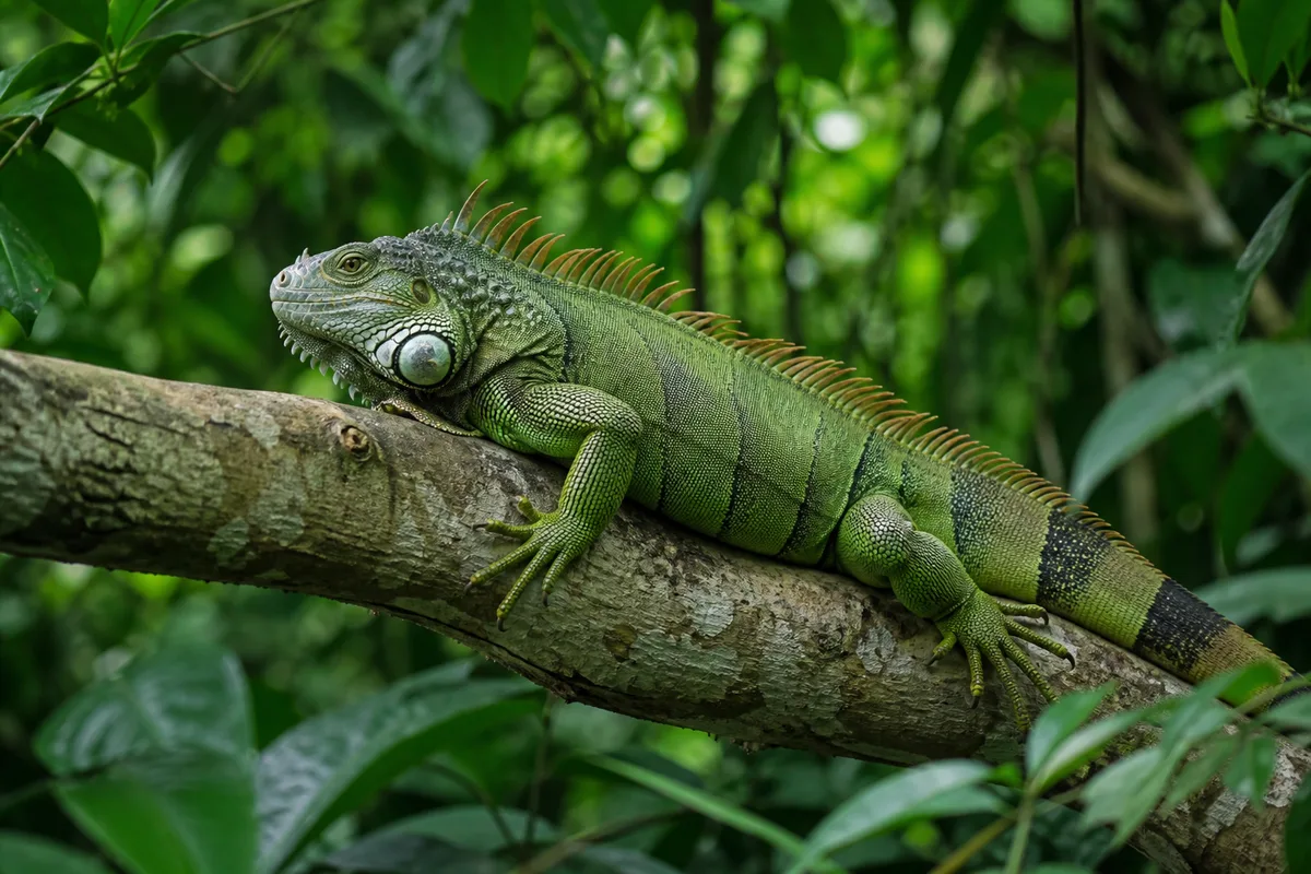 Iguane vert sur une branche dans une végétation tropicale dense