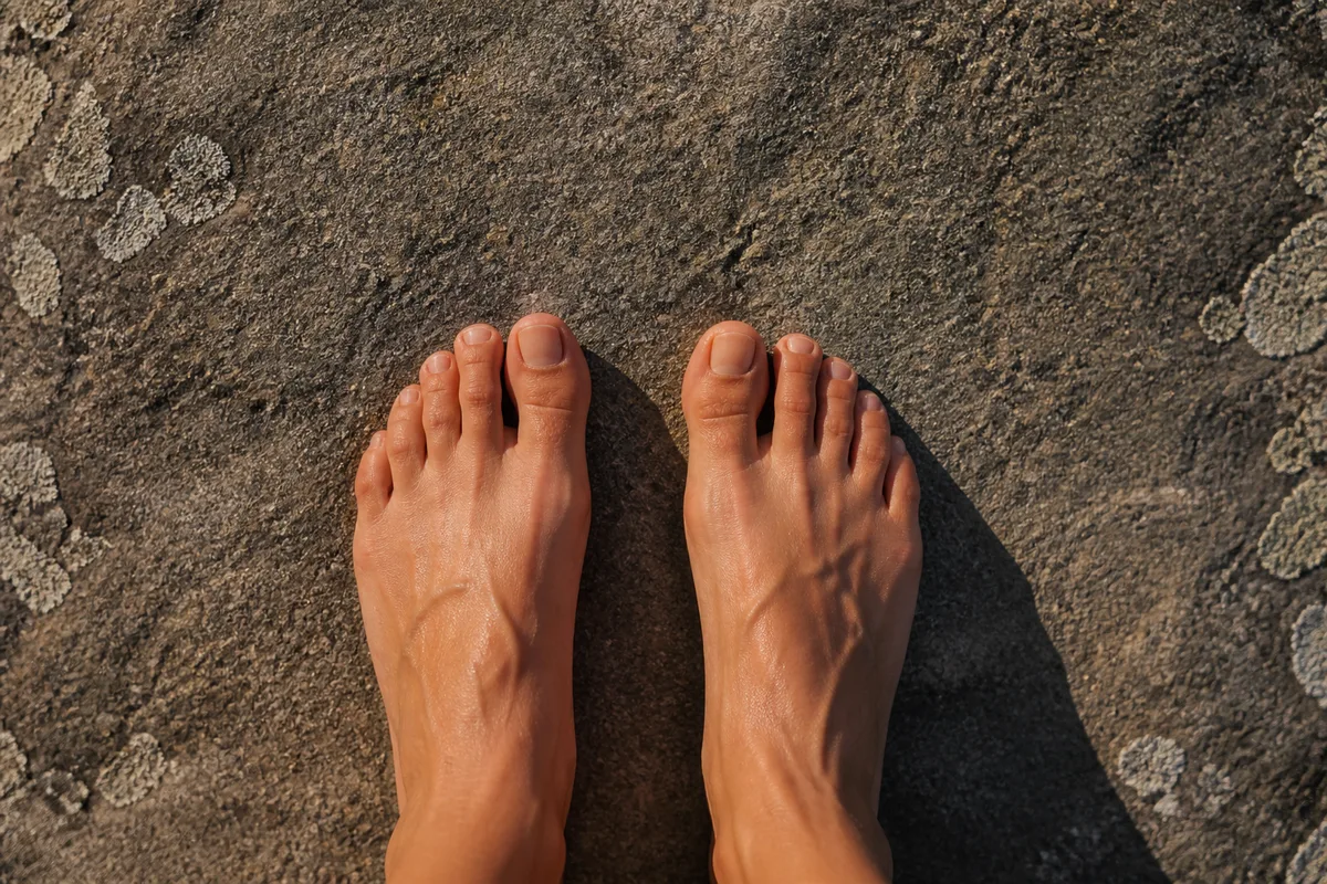 Pieds nus posés à plat sur une roche plate chauffée par la lumière du matin
