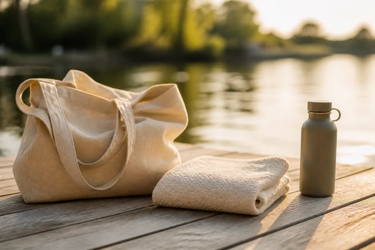 Sac de toile souple posé au sol près d’un tapis de coton plié sur un ponton de bois