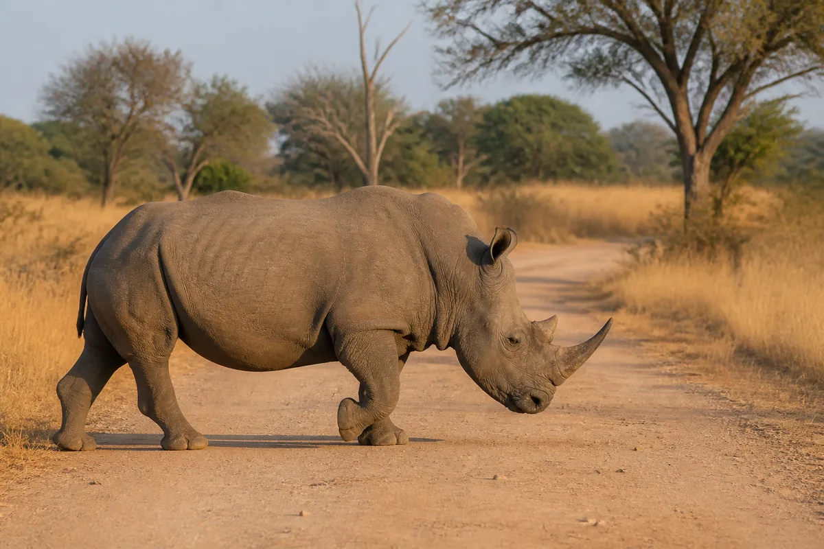 Rhinocéros blanc traversant une piste de terre dans une réserve animalière