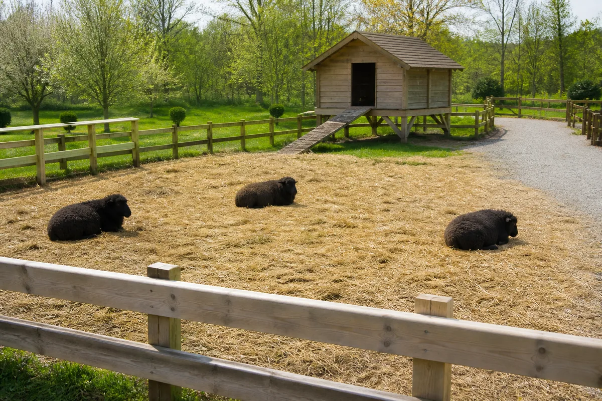 Enclos de contact avec moutons noirs et barrière en bois clair