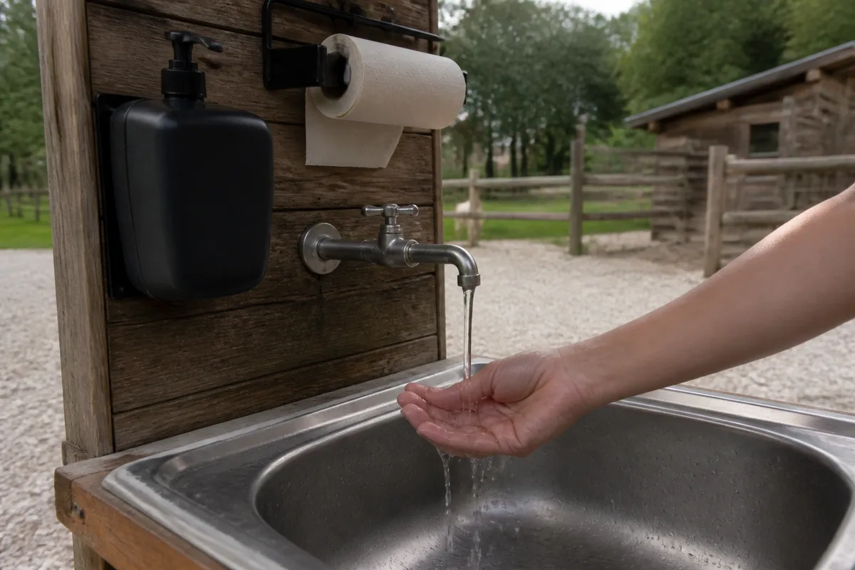Point de lavage des mains en bois à la sortie d’un parcours de ferme pédagogique